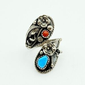 Turquoise Coral Sterling Silver Bypass Ring - Native American Signed G Wrap Ring